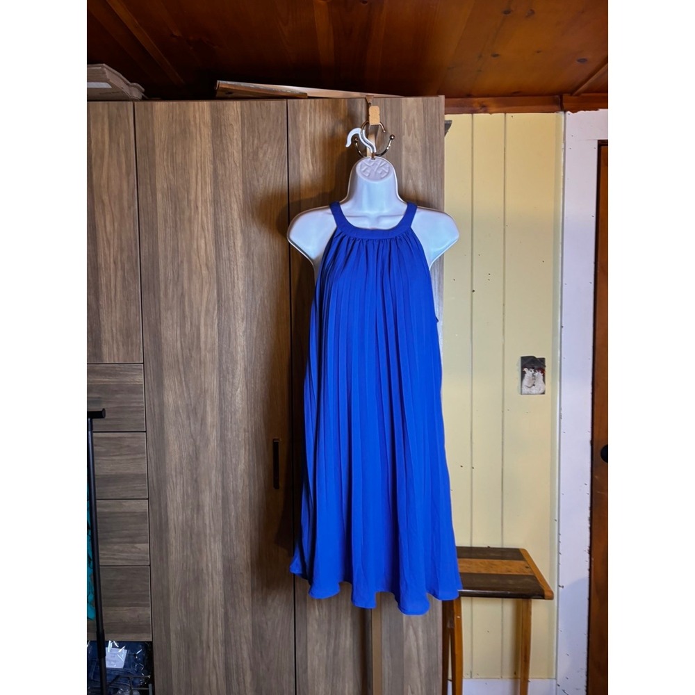 300. Royal Blue Pleated Halter Trapeze Dress Women Large Cocktail Midi Flowy - Picture 2 of 4